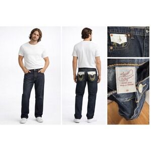 True Religion World Tour Mens Dark Wash Jeans Gold Horseshoe White Flap Size 38